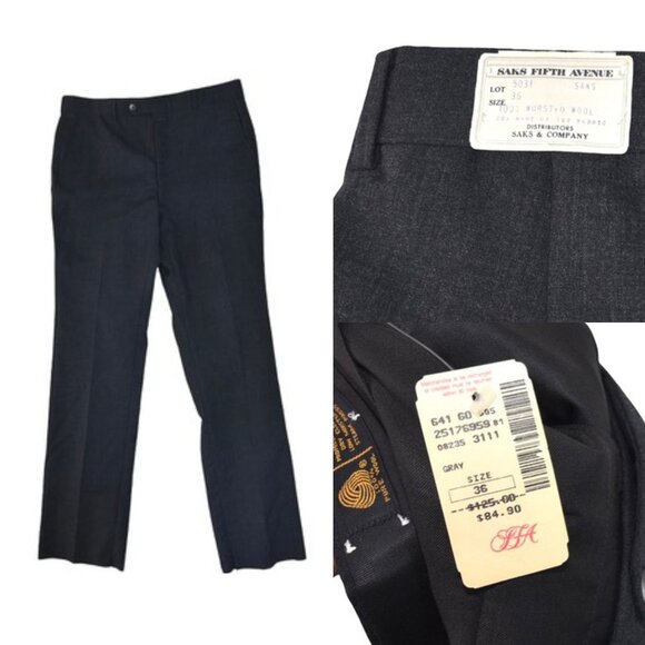 Saks Fifth Avenue Vintage Deadstock 100% Woorsted Wool Pants 36 Gray Unhemmed - Picture 1 of 12